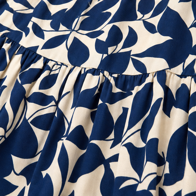 Leaf Print Tiered Maxi Dress for Women with Ruffle Neck and Tie Waist in Navy, tier seam detail