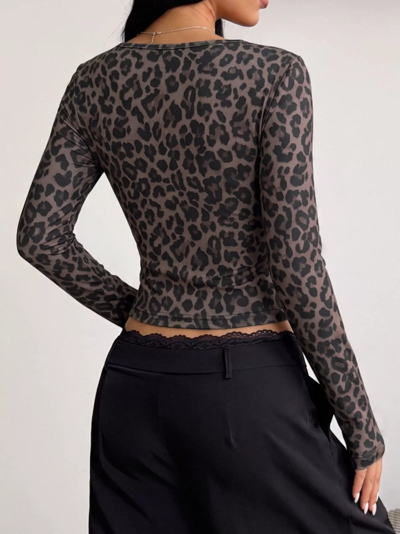 Leopard Print Long Sleeve Top for Women with V Neck and Ruched Front in Leopard, back view