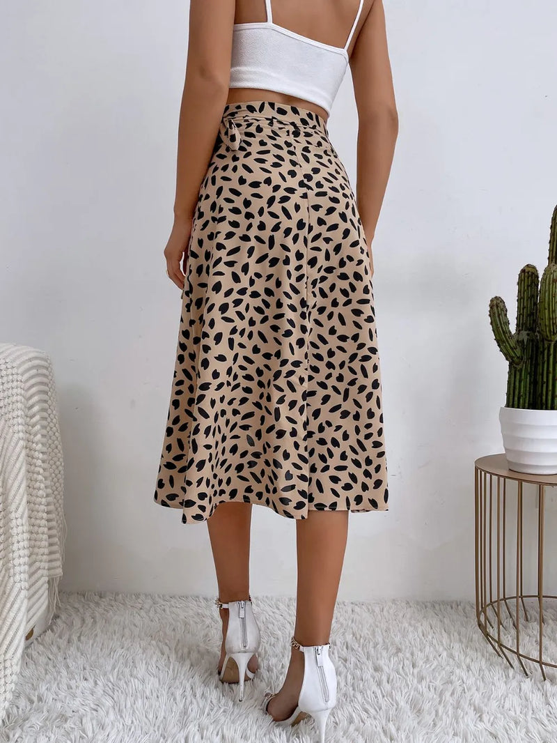 Leopard Print Wrap Midi Skirt for Women with Tie Waist and Tulip Hem in Tan, back view