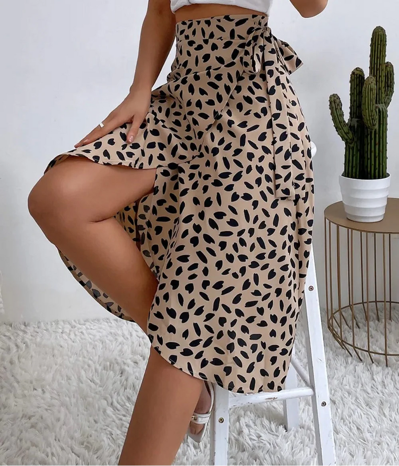 Leopard Print Wrap Midi Skirt for Women with Tie Waist and Tulip Hem in Tan, side view