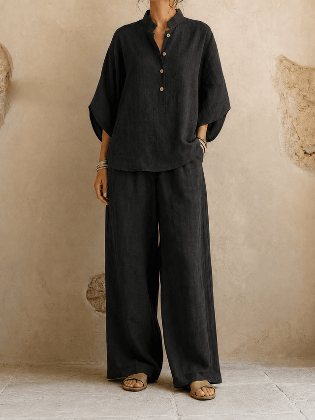 Linen-Look Two Piece Set for Women with Batwing Top and Wide Leg Pants in Black, front view