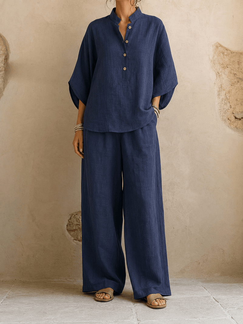 Linen-Look Two Piece Set for Women with Batwing Top and Wide Leg Pants in Navy Blue, front view