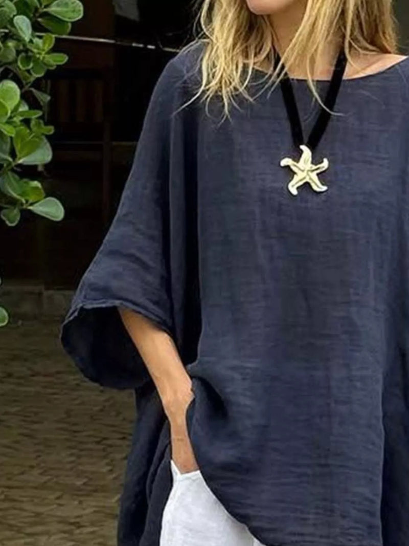 Asymmetric Top for Women with High Low Hem and Linen-Look Batwing Sleeves in Navy Blue, close-up