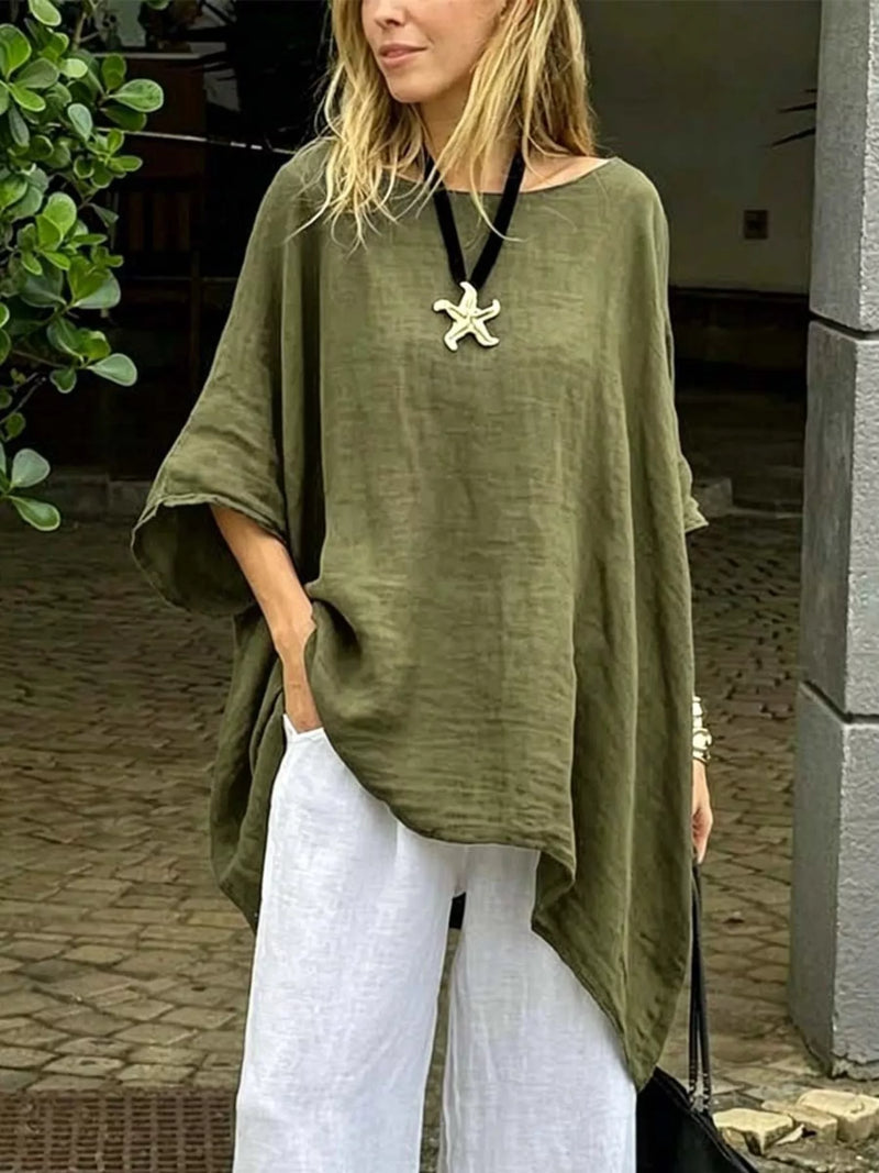 Asymmetric Top for Women with High Low Hem and Linen-Look Batwing Sleeves in Olive Green, front view