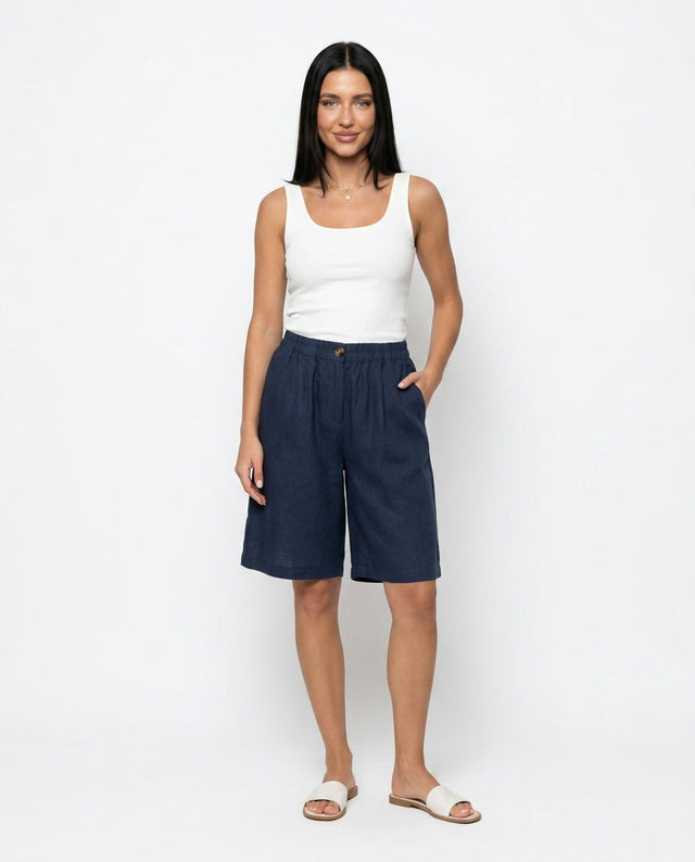 Linen-Look Bermuda Shorts for Women with Elastic Waist and Button Front in Navy, front view