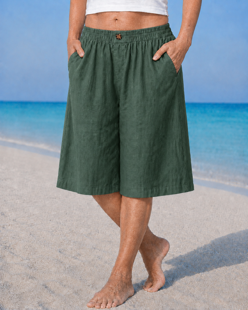 Linen-Look Bermuda Shorts for Women with Elastic Waist and Side Pockets in Green, front view