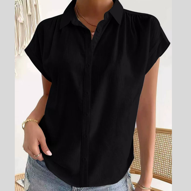 Button-Up Shirt for Women with Cap Sleeves and Linen-Look Weave in Black, front view
