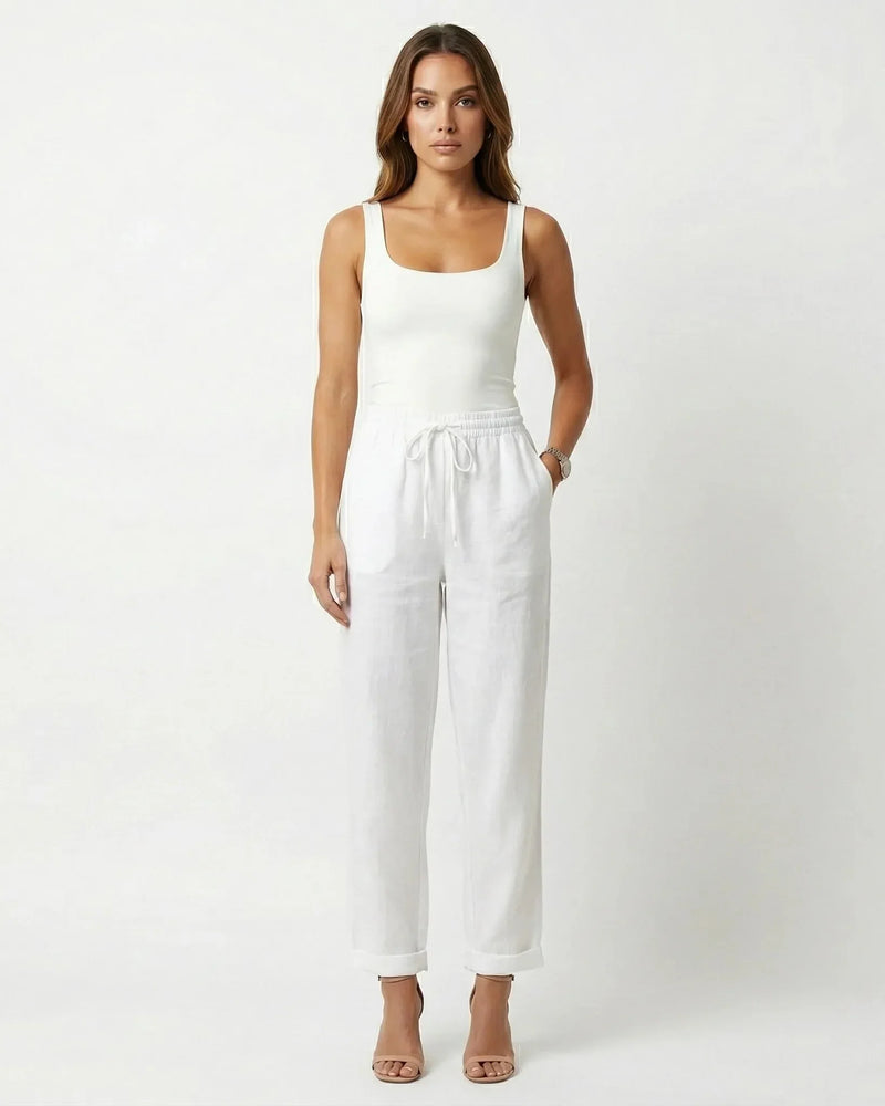 Linen-Look Drawstring Pants for Women with Elastic Waist and Cuffed Hem in White, front view with tank