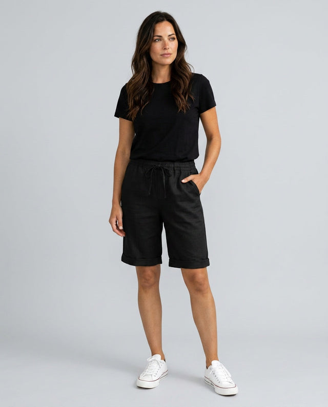 Linen-Look Drawstring Shorts for Women with Rolled Cuffs and Pockets in Black, front view