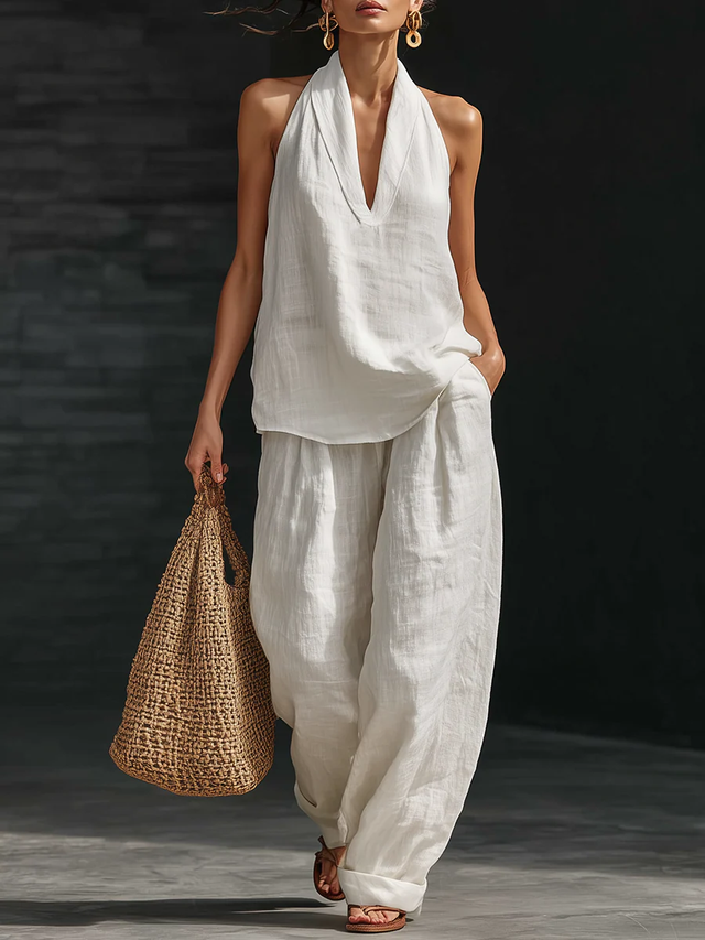 Linen-Look Pants and Top Set for Women with Halter V-Neck Top in White, front view