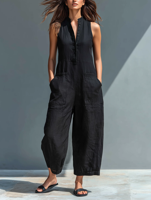 Linen-Look Jumpsuit for Women with Stand Collar and Button Front in Black, front view