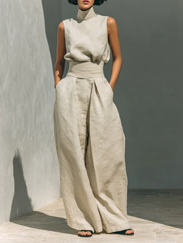 Linen-Look Pants Set for Women with High Neck Sleeveless Top in Beige, front view