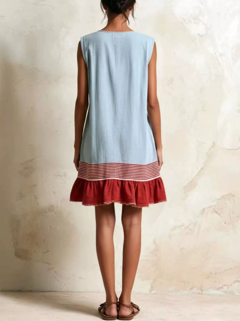 Linen-Look Mini Dress for Women with Ruffle Hem and Pockets in Light Blue, back view