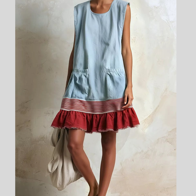 Linen-Look Mini Dress for Women with Ruffle Hem and Pockets in Light Blue, front view
