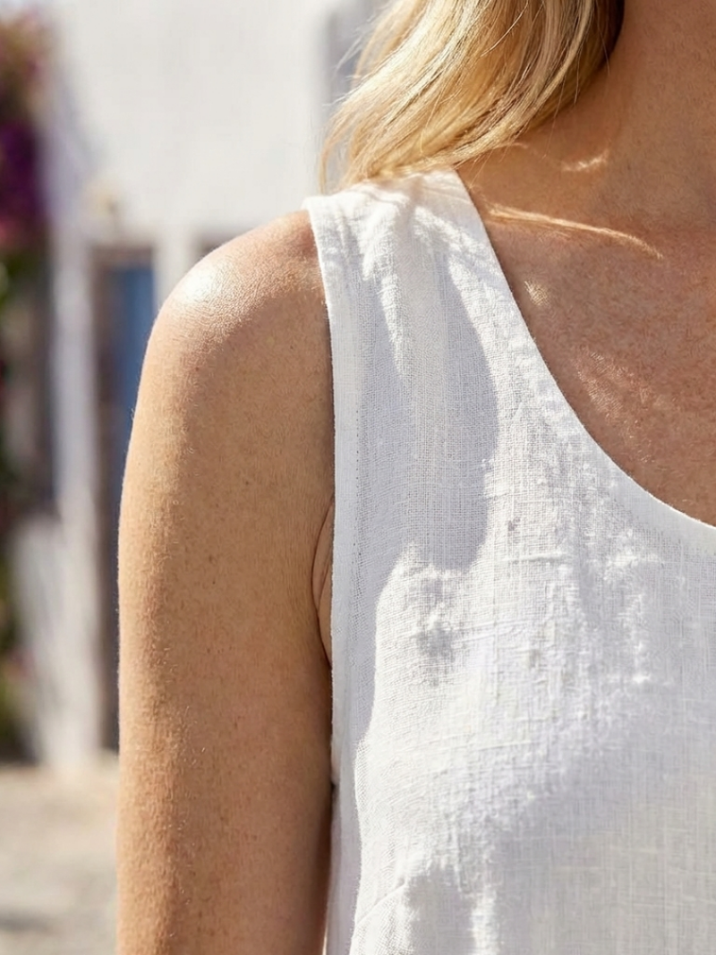 Linen-Look Sleeveless Midi Dress for Women with Scoop Neck and Relaxed Fit in White, fabric close-up