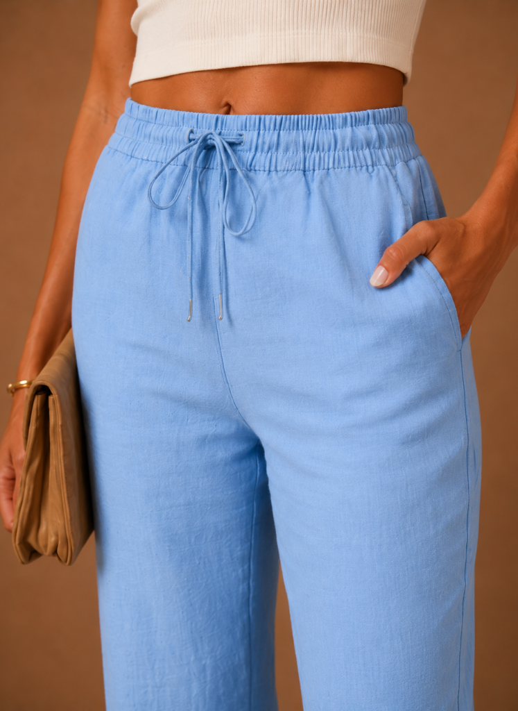 Linen-Look Straight Leg Pants for Women with Drawstring and Rolled Cuffs in Sky Blue, drawstring waist close-up