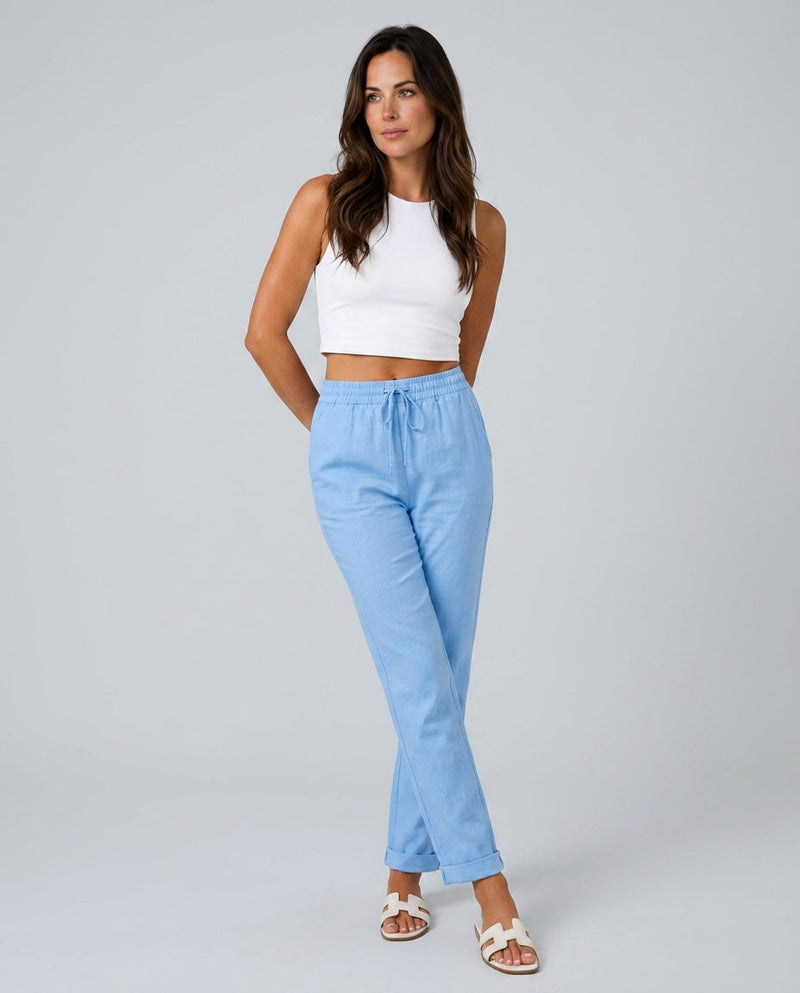 Linen-Look Straight Leg Pants for Women with Drawstring and Rolled Cuffs in Sky Blue, three-quarter view