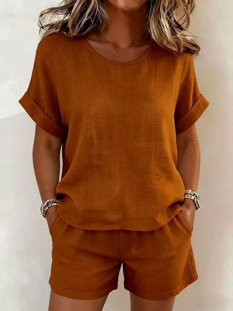 Linen-Look Top and Shorts Set for Women with Rolled Sleeves and Pockets in Brown, front view