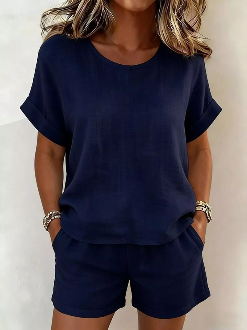 Linen-Look Top and Shorts Set for Women with Rolled Sleeves and Pockets in Navy Blue, front view