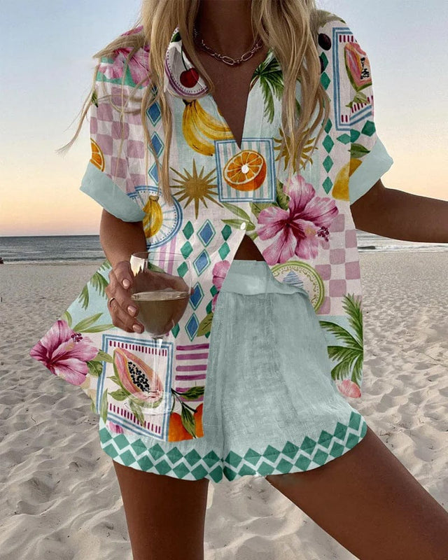 Shirt and Short Set for Women with Tropical Print and Linen-Look Fabric, front view