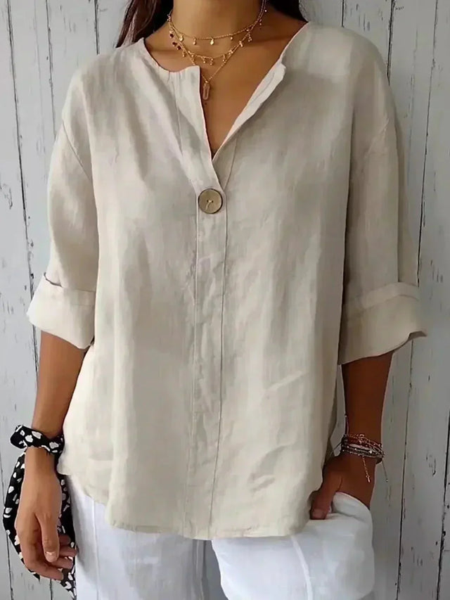 V Neck Top for Women with Linen-Look Weave and Roll-Up Sleeves in Beige, front view