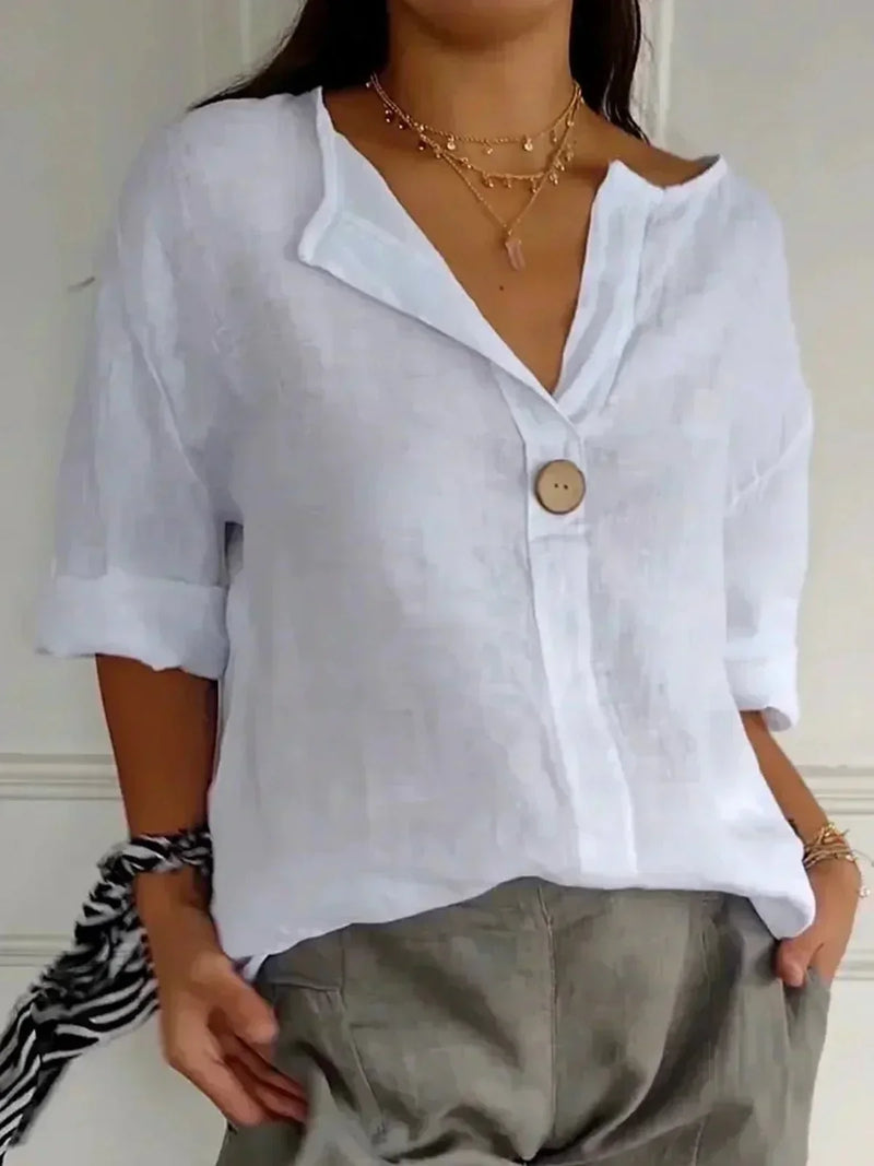 V Neck Top for Women with Linen-Look Weave and Roll-Up Sleeves in White, front view