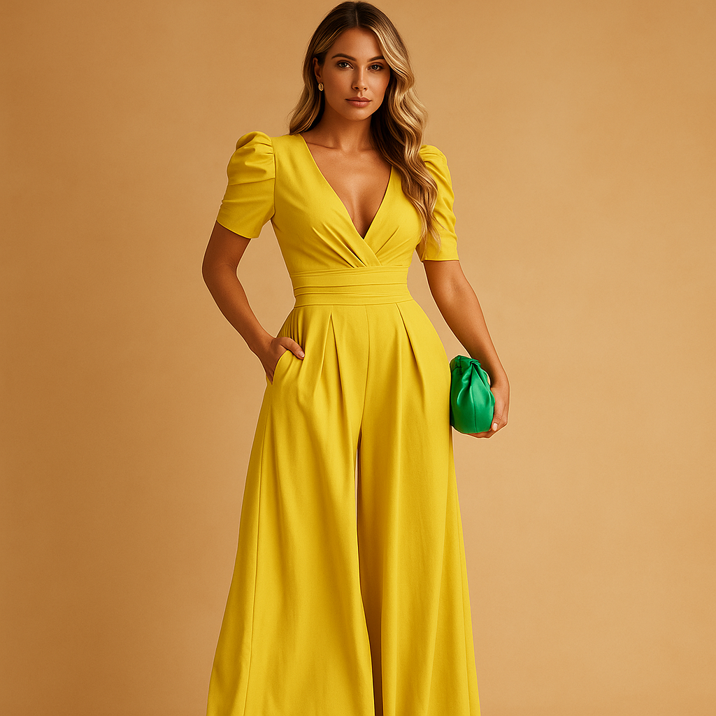 Women’s long elegant jumpsuit with tailored fit, available in peach, black, yellow, turquoise, and rose red, perfect for formal events and galas.