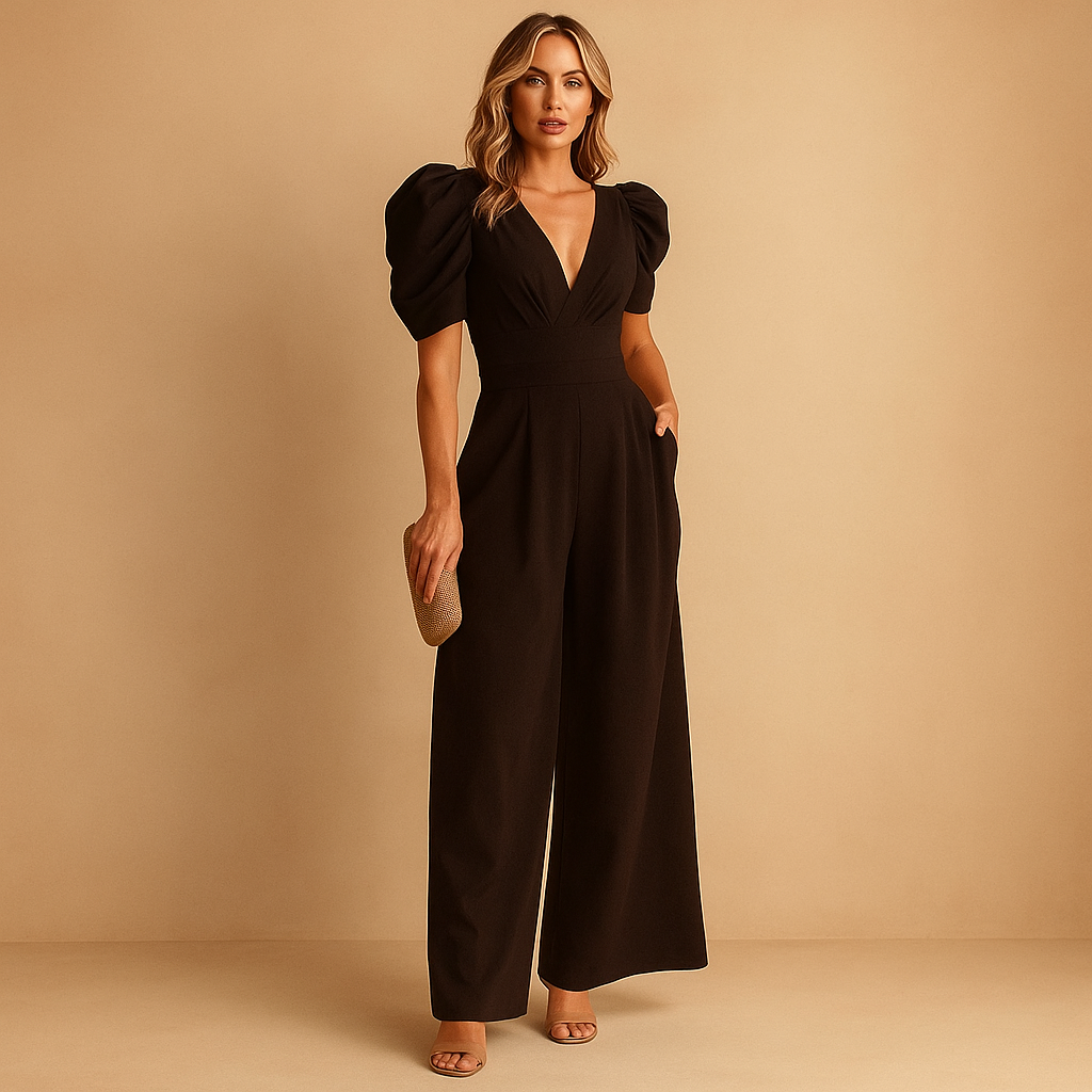 Women’s long elegant jumpsuit with tailored fit, available in peach, black, yellow, turquoise, and rose red, perfect for formal events and galas.