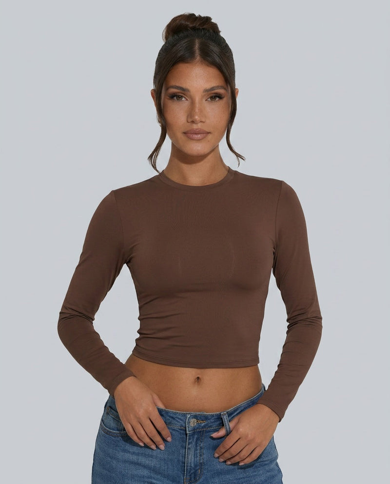 Long Sleeve Crop Top for Women with Crew Neck and Slim Fit in Brown, close front view