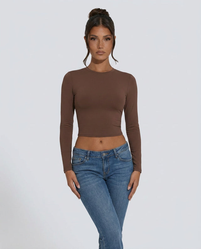 Long Sleeve Crop Top for Women with Crew Neck and Slim Fit in Brown, front view