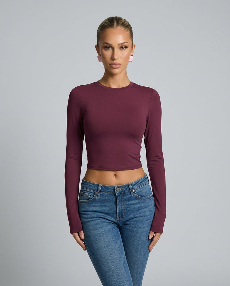 Long Sleeve Crop Top for Women with Crew Neck and Slim Fit in Burgundy, front view