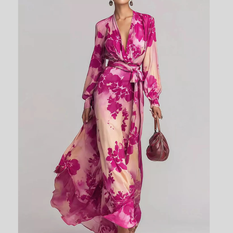 Long Sleeve Floral Maxi Dress for Women with Wrap V Neck and Tie Waist in Hot Pink, front view