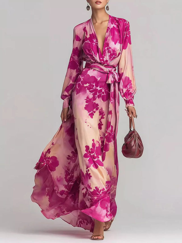 Long Sleeve Floral Maxi Dress for Women with Wrap V Neck and Tie Waist in Hot Pink, full front view