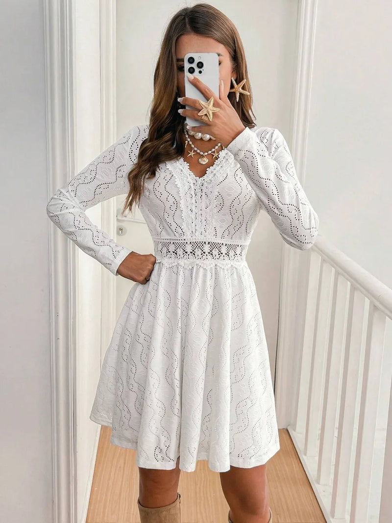 Long Sleeve Lace Mini Dress for Women with V-Neck and A-Line Skirt in White, mirror view