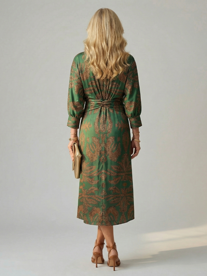 Long Sleeve Midi Dress for Women with Twist Front and Paisley Print in Dark Green, back view