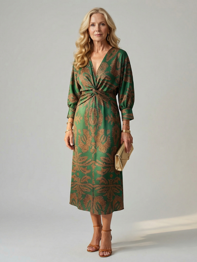 Long Sleeve Midi Dress for Women with Twist Front and Paisley Print in Dark Green, front view