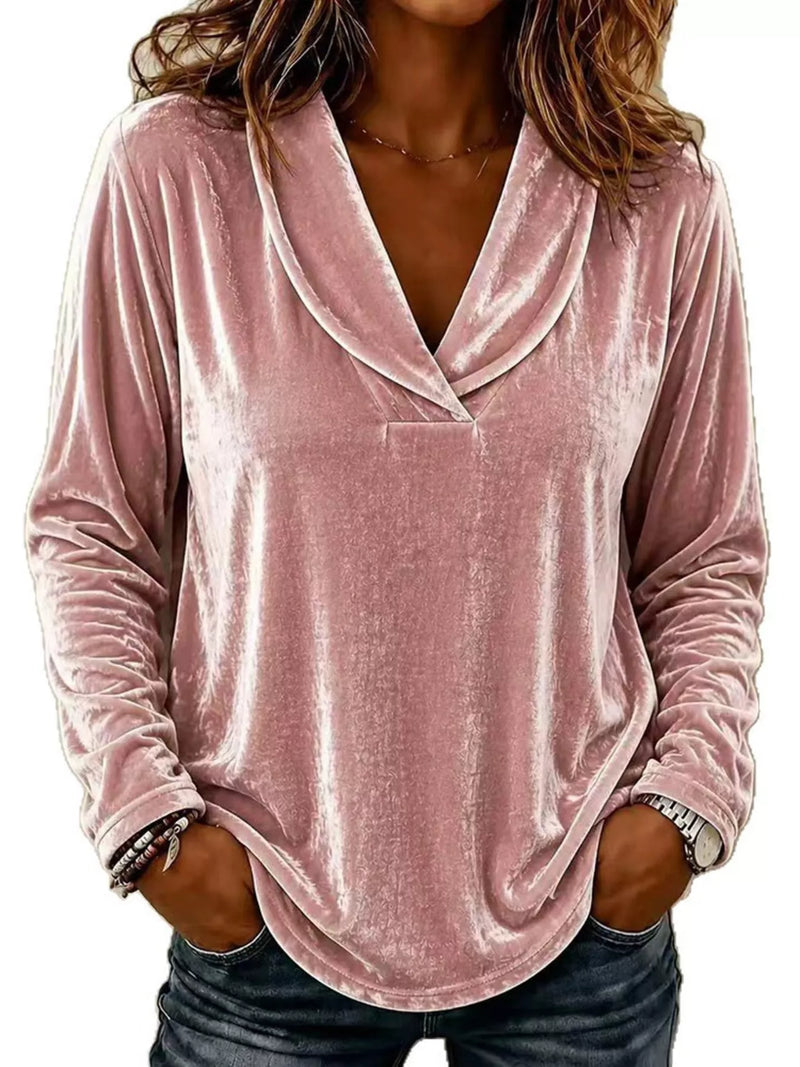 Long Sleeve Velvet Top for Women with Shawl Collar and V Neck in Pink, front view close