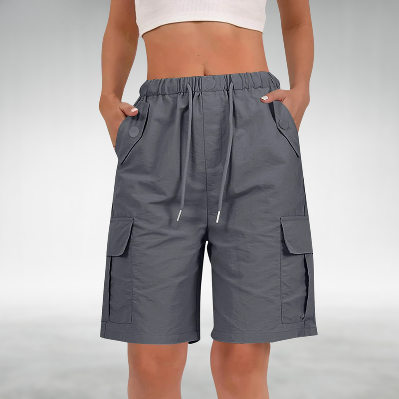 Long Stretch Cargo Shorts for Women with Drawstring Waist and Flap Pockets in Dark Gray, front view