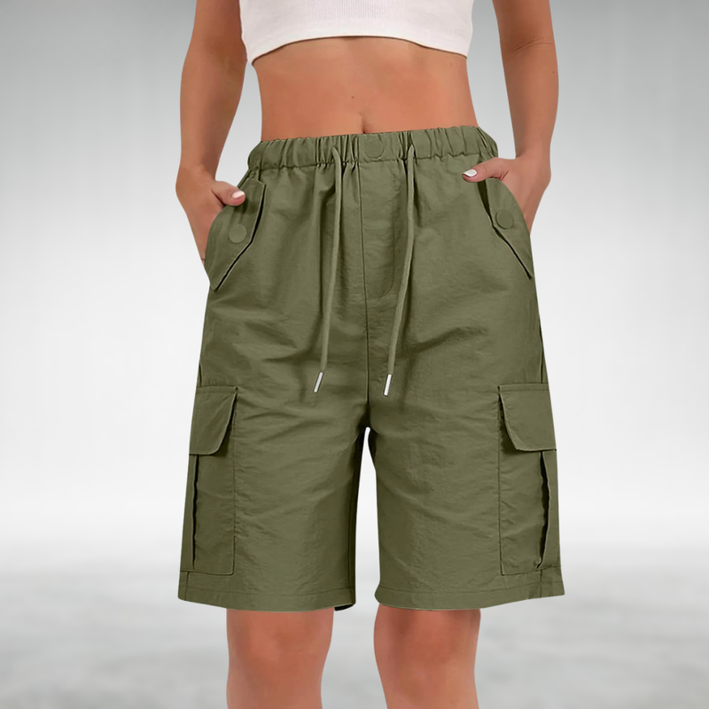 Long Stretch Cargo Shorts for Women with Drawstring Waist and Flap Pockets in Green, front view
