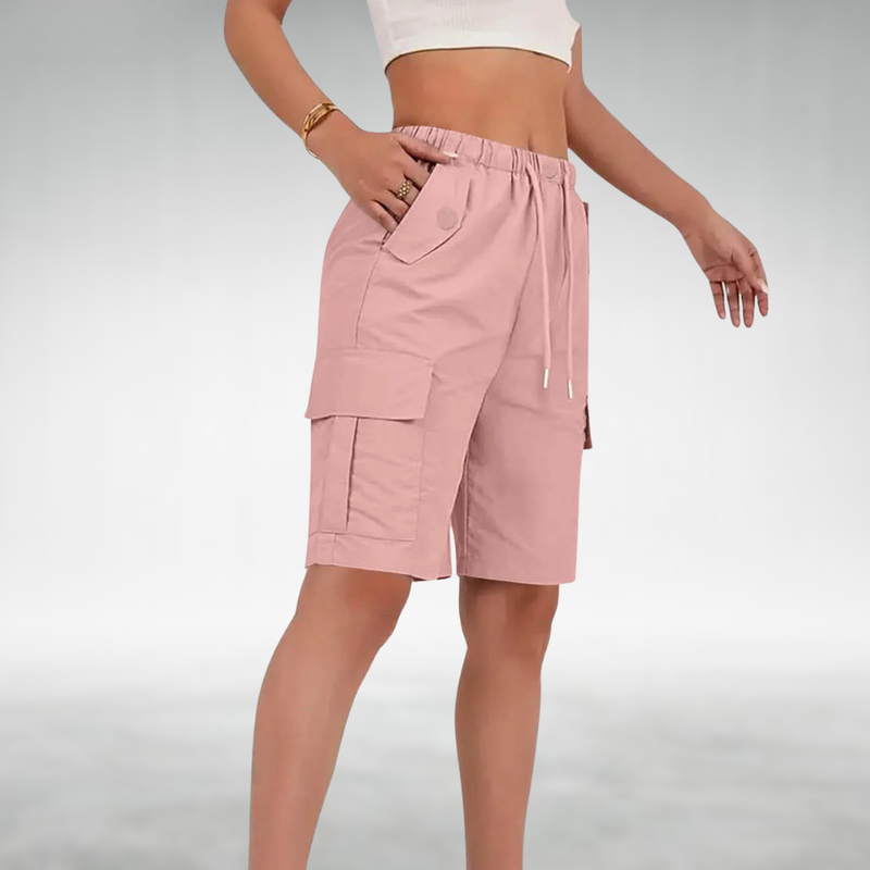 Long Stretch Cargo Shorts for Women with Drawstring Waist and Flap Pockets in Pink, side view