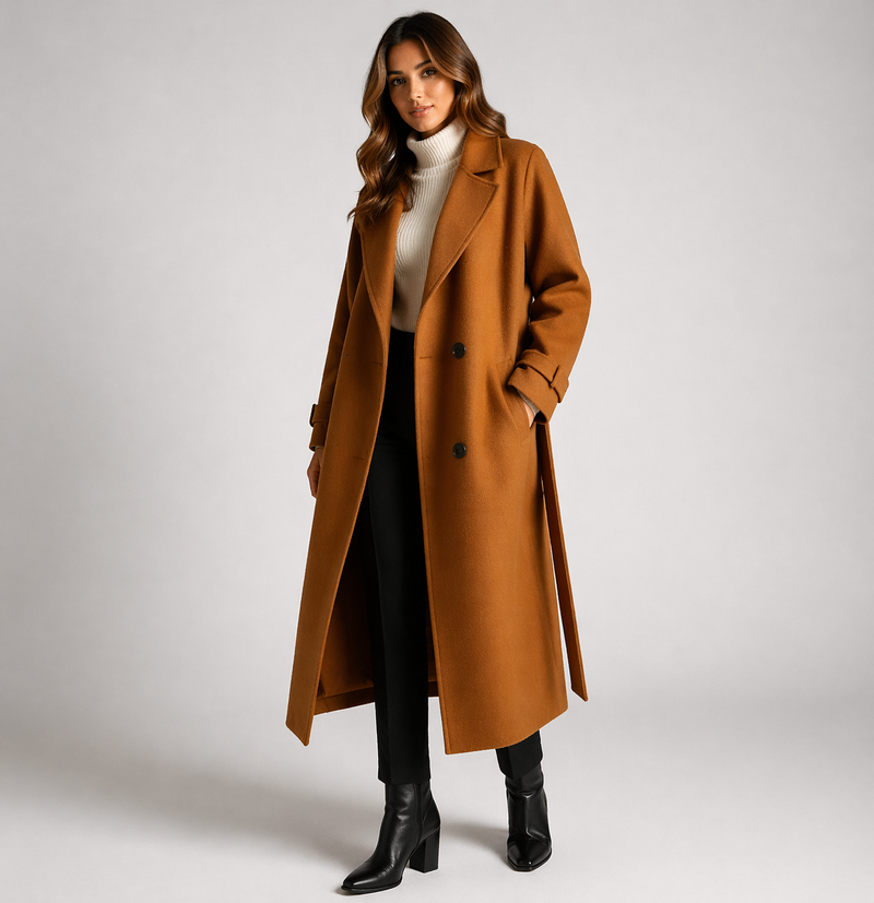 Winter Coat for Women with Long Belted Cut and Wool-Look Finish in Camel, front view