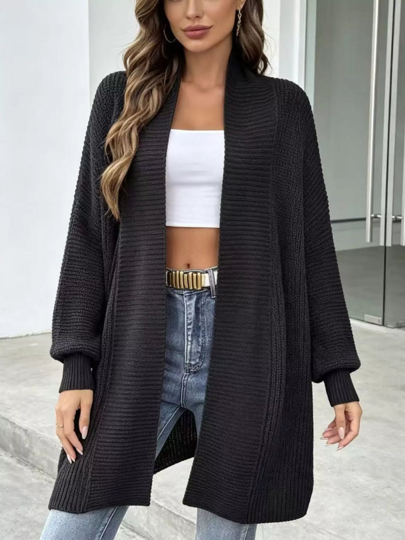 Long Cardigan for Women with Batwing Sleeves and Open Front Rib Knit in Black, front view