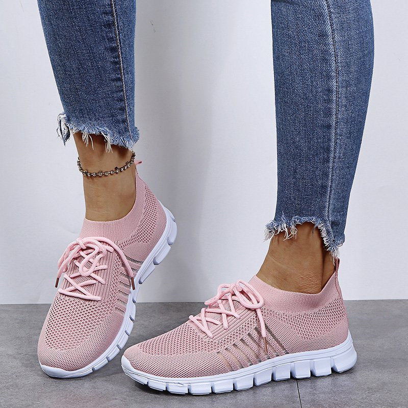 Mesh Knit Running Sneakers for Women with Sock Collar and Lace Up Front in Light Pink, side view