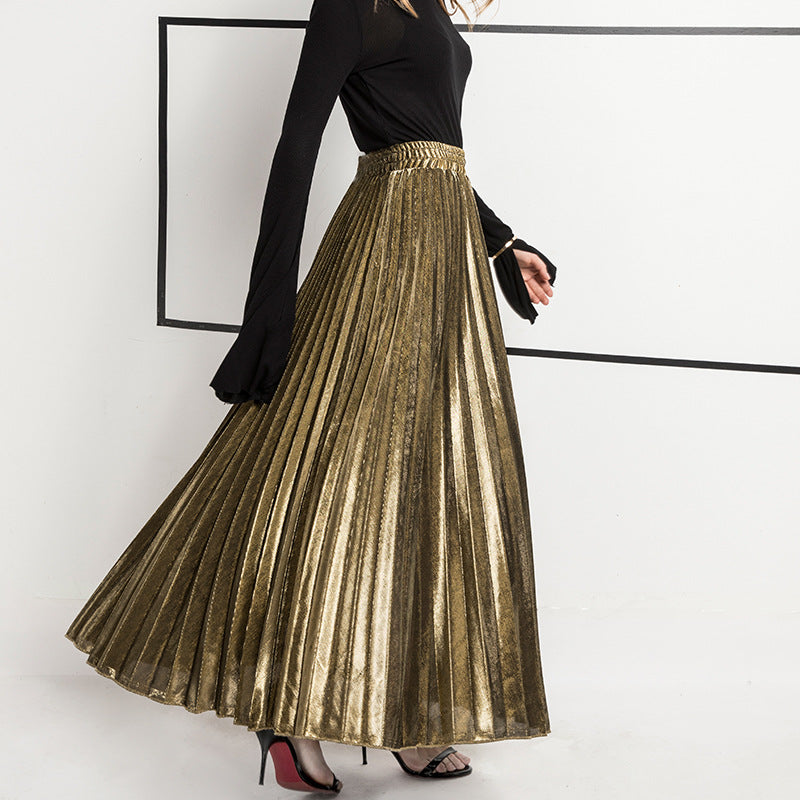 Metallic Pleated Maxi Skirt for Women with Elastic Waist in Gold, styled view 5