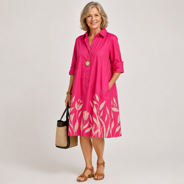 Midi Shirt Dress for Women with Leaf Print Hem and Pockets in Pink, front view