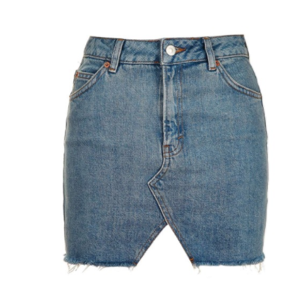 Notch Hem Denim Mini Skirt for Women with Raw Hem and Five Pockets in Blue, flat lay 4
