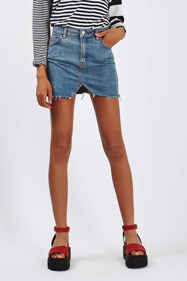 Notch Hem Denim Mini Skirt for Women with Raw Hem and Five Pockets, front view