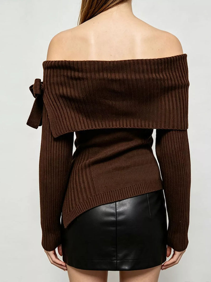 Off Shoulder Knit Top for Women with Bow Sleeve and Asymmetric Hem in Brown, back view