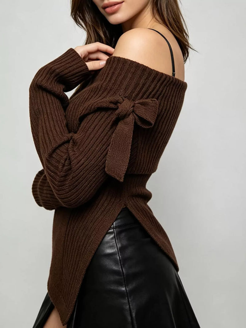 Off Shoulder Knit Top for Women with Bow Sleeve and Asymmetric Hem in Brown, side view