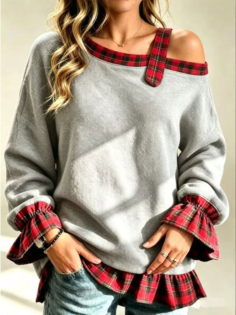 Off-the-Shoulder Sweatshirt for Women with Plaid Trim and Ruffle Cuffs in Gray, front view